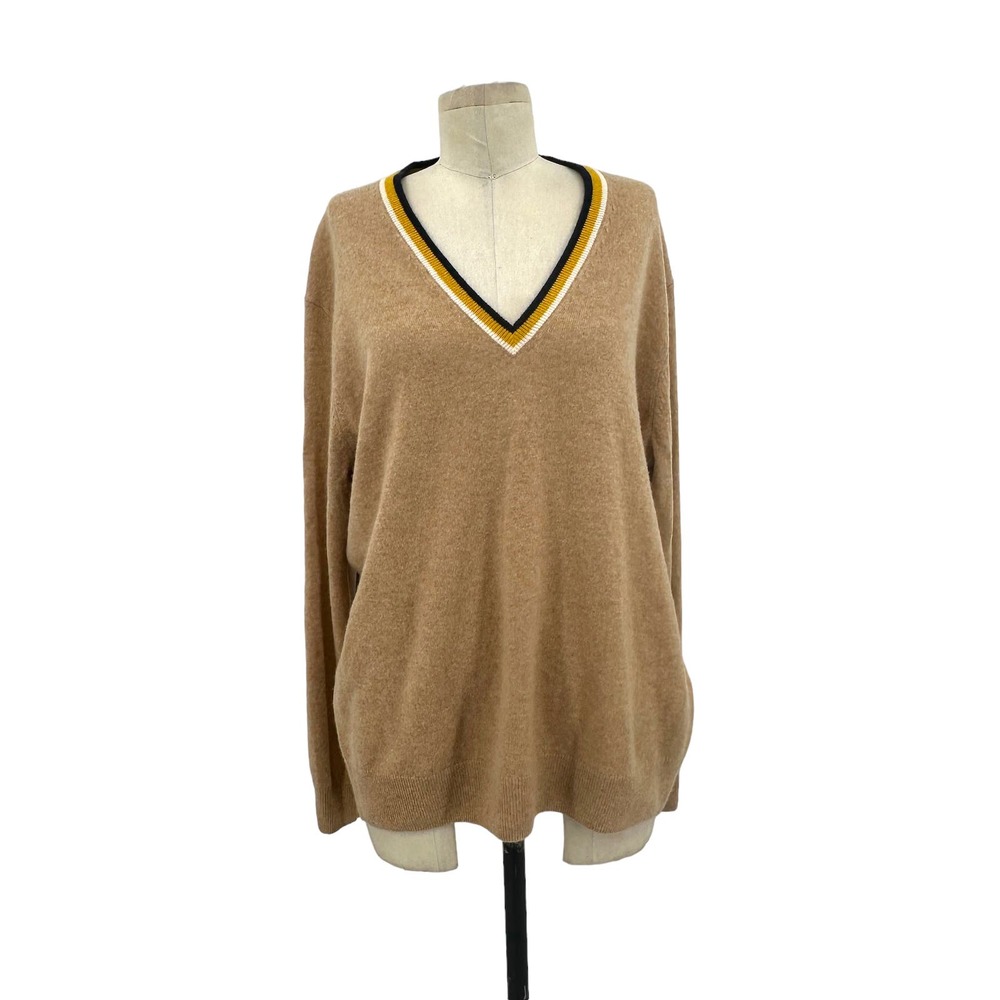 J. Crew Oversized Cashmere V-neck Sweater Heather Camel Muslin Mustard Large